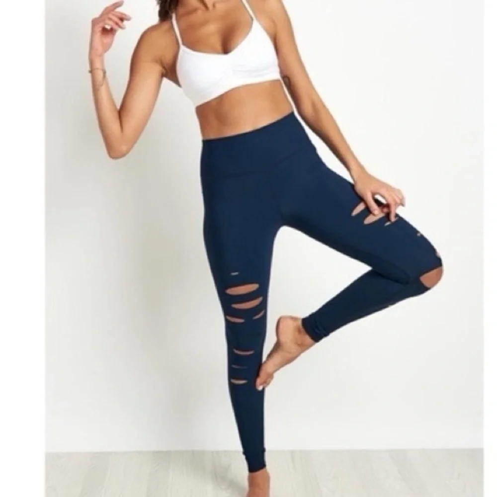 Alo Blue Ripped Warrior High Rise Yoga Leggings‎